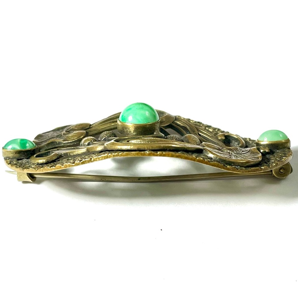 Fantastic Art Nouveau Brooch Brass Green Peking Glass Cabochons Nature Theme Pin - Picture 5 of 7